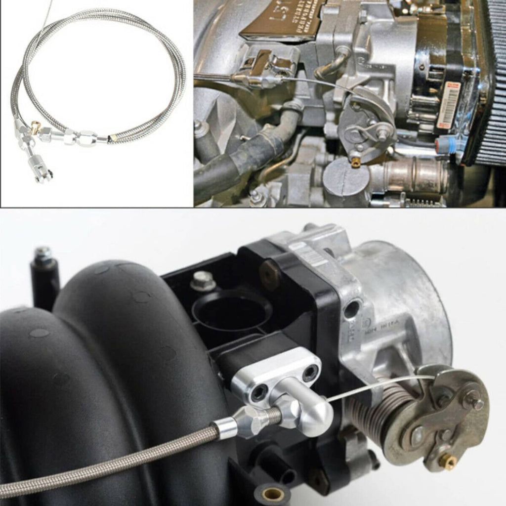 Throttle cable installed near the throttle body with braided housing and silver fittings