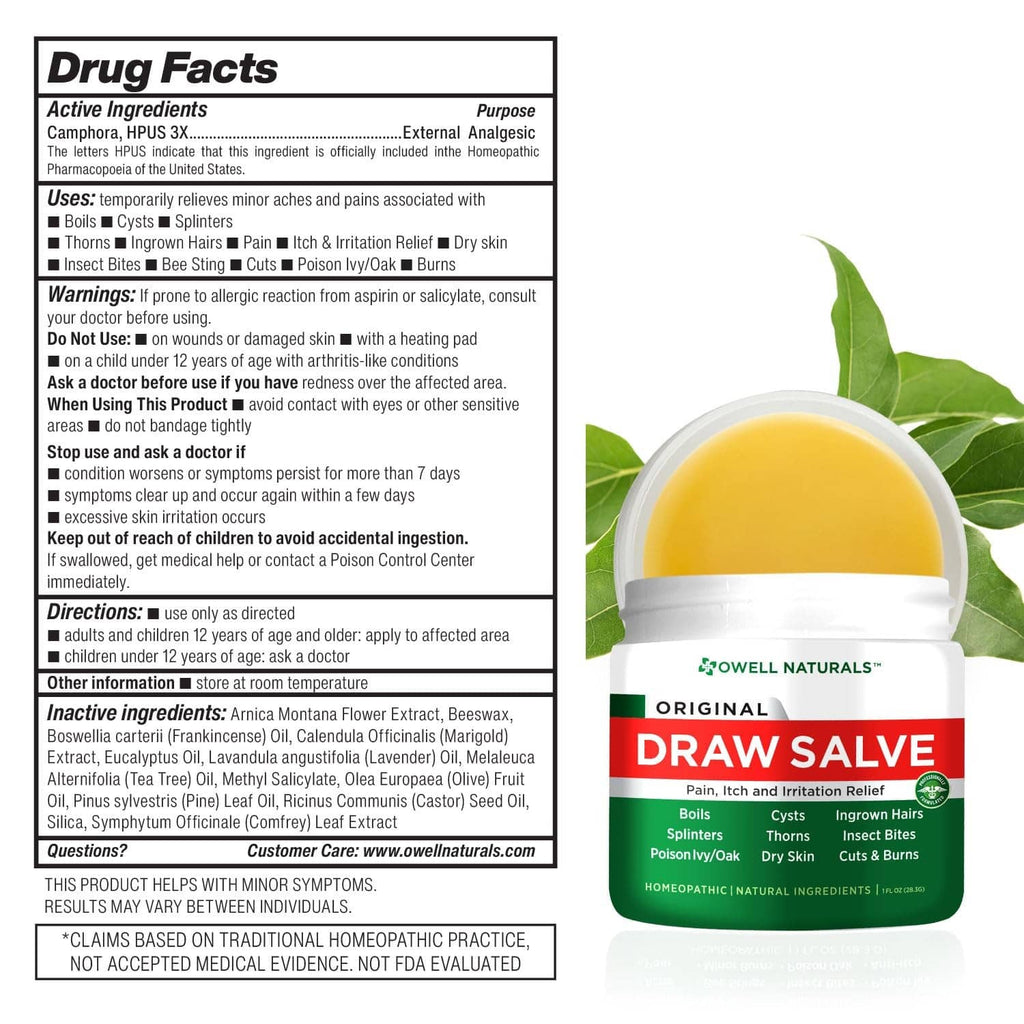 Drawing salve ointment jar with Drug Facts panel and green “Draw Salve” label