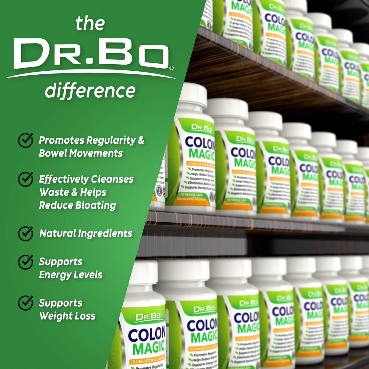 Row of Dr.BO Colon Magic supplement bottles on a shelf, green labels visible