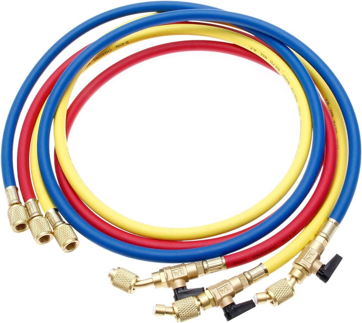 Blue, yellow, red refrigerant charging hose with brass ball valves and SAE fittings