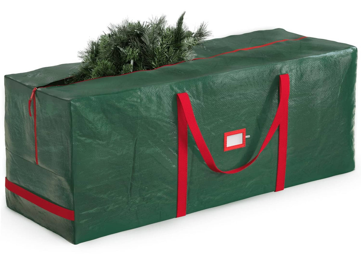 Green Christmas tree storage bag with red carrying handles and side straps