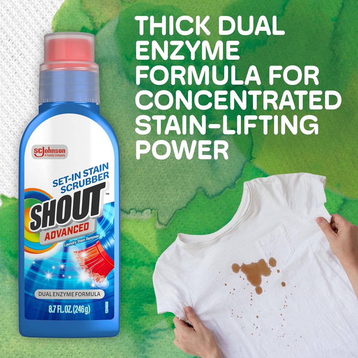 Shout Advanced stain remover gel bottle beside a white T-shirt with brown stain spots.