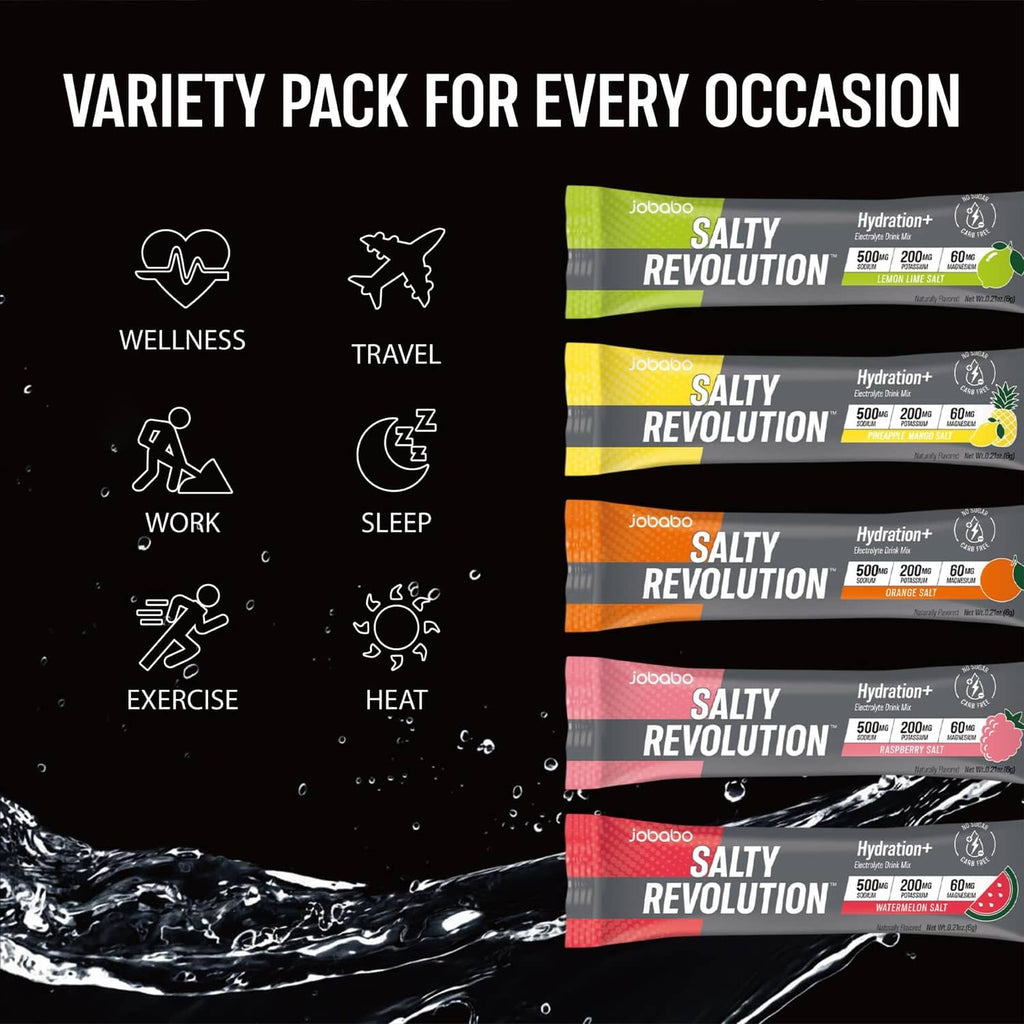 Variety pack of mixed Salty Revolution electrolyte stick packets, multiple uses