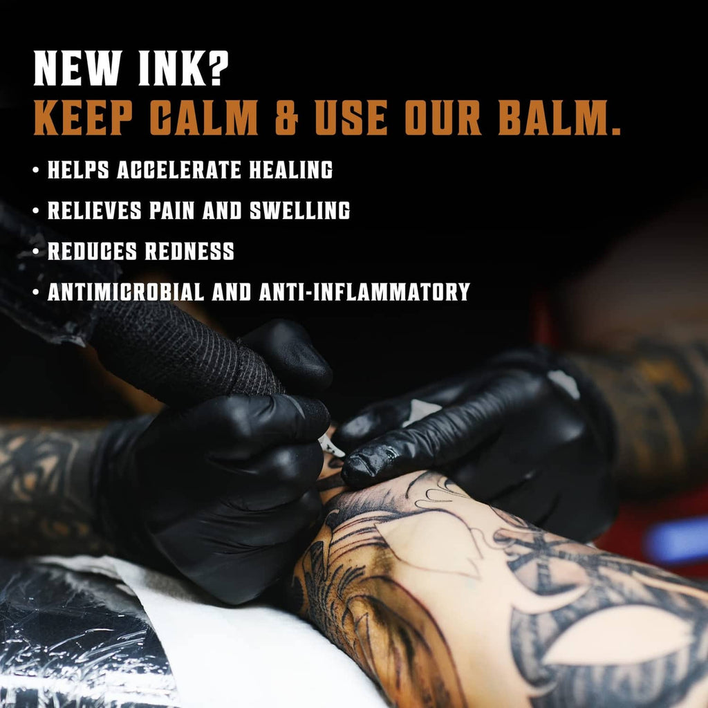 Viking Revolution tattoo care balm application on fresh tattoo, gloved hands and skin