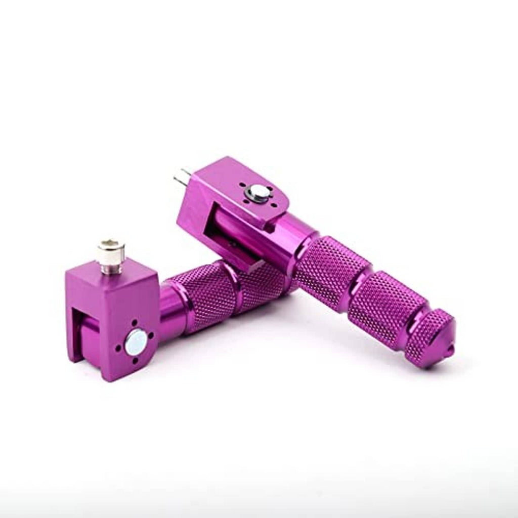 Purple CNC foldable foot pegs with pivot plates, textured grips, and mounting bolts, pair