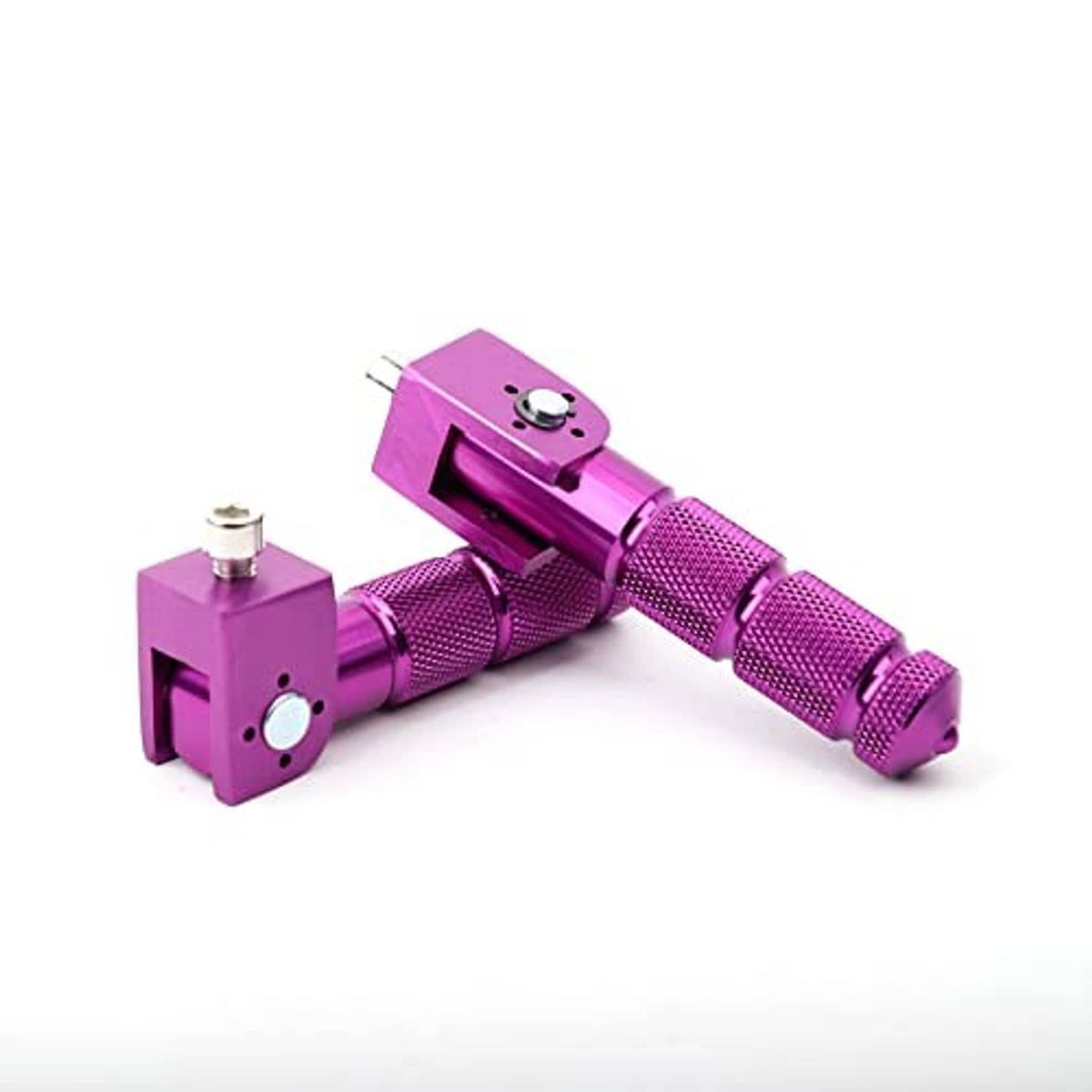 Purple CNC foldable foot pegs with pivot plates, textured grips, and mounting bolts, pair