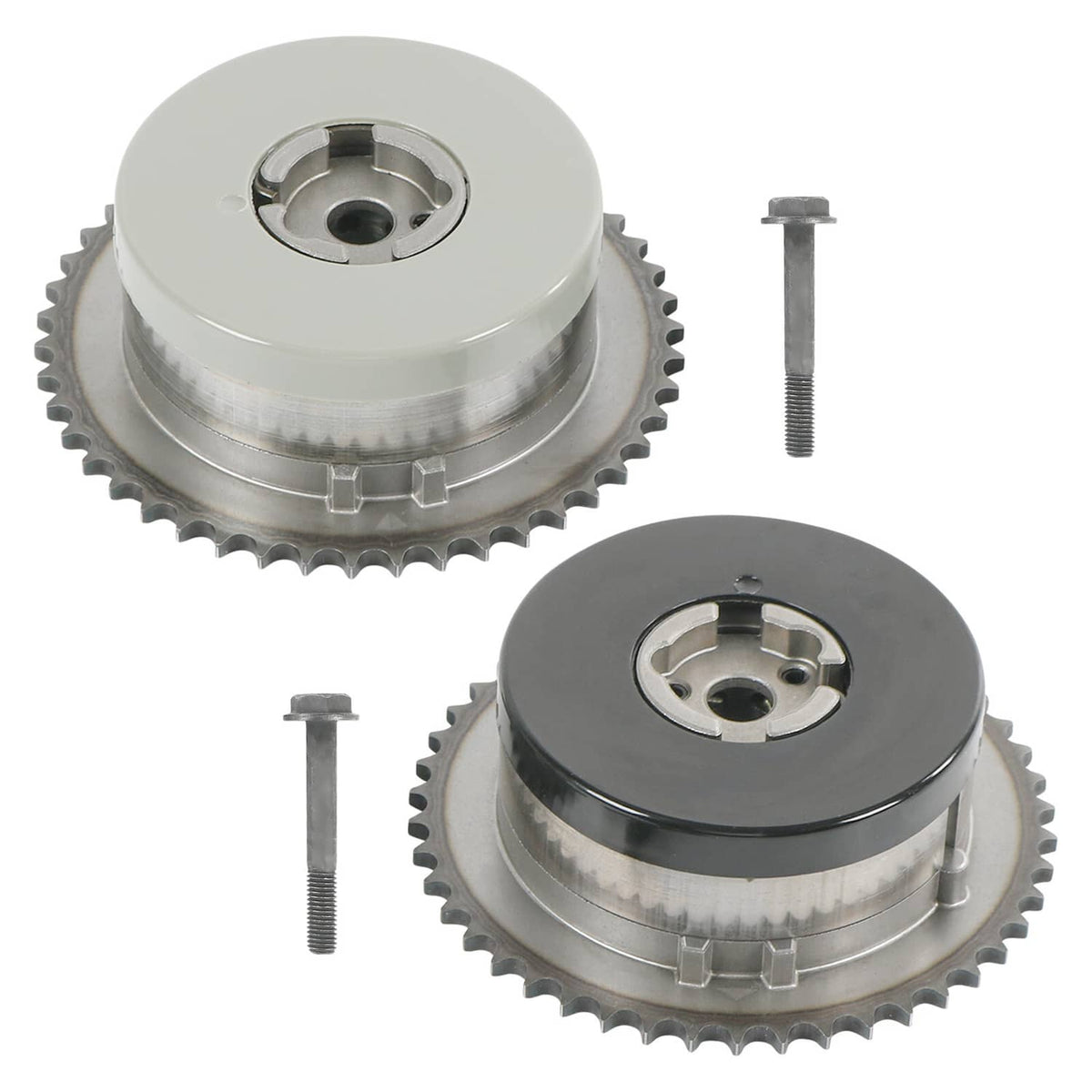 Cam phaser variable valve timing actuator sprocket set, silver and black, with bolts