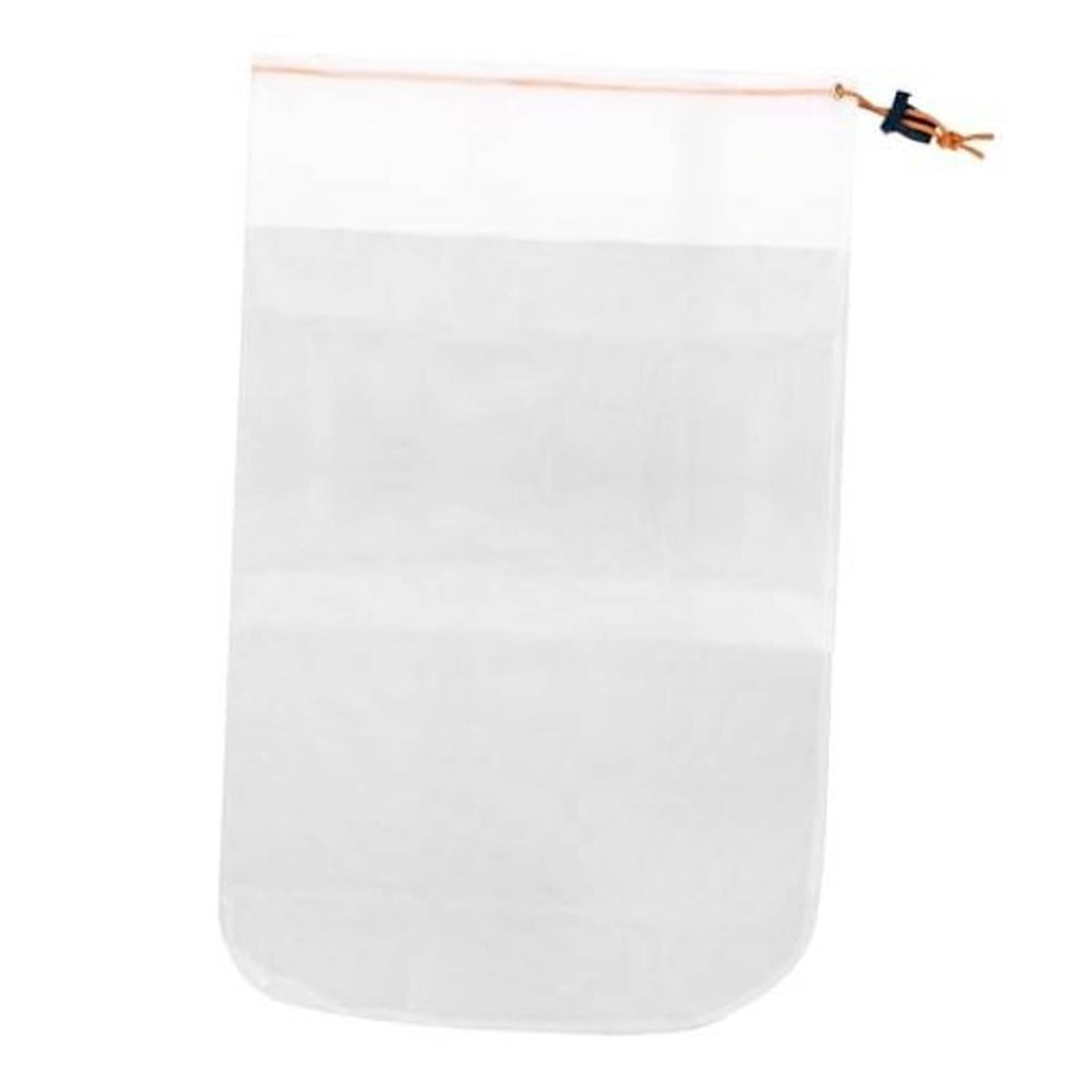 White pool vacuum debris bag with drawstring and cord fasteners