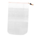White pool vacuum debris bag with drawstring and cord fasteners