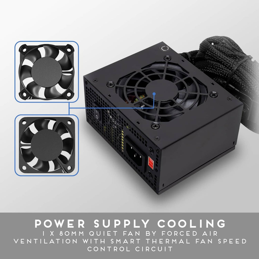 Black SFX power supply showing cooling fan airflow and rear ports