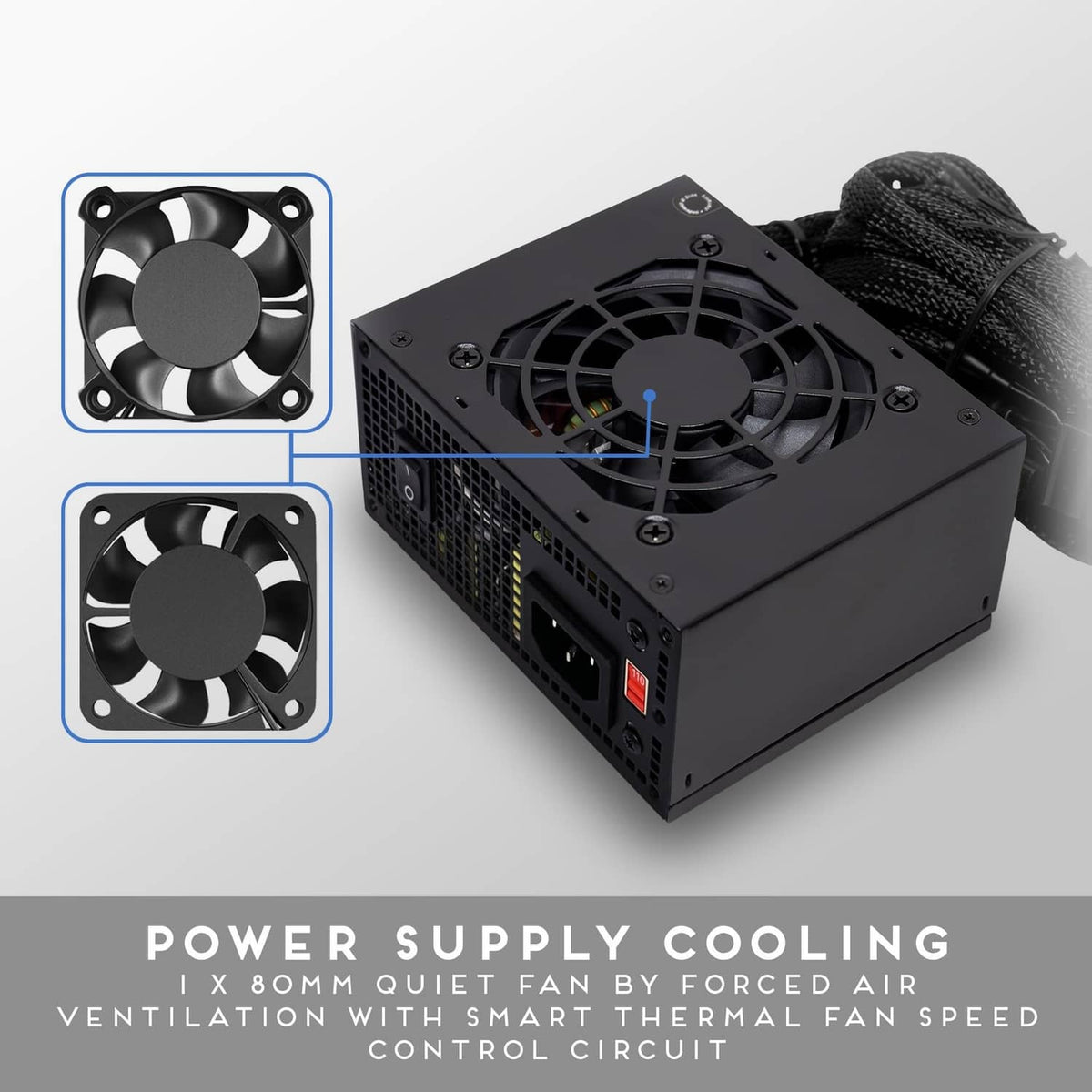 Black SFX power supply showing cooling fan airflow and rear ports