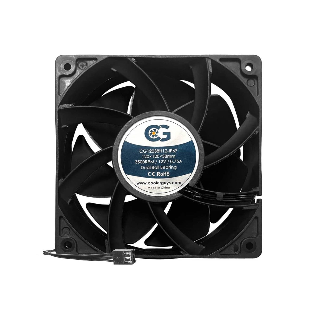 Black 120x120x38mm IP67 waterproof cooling fan with dual ball bearing design