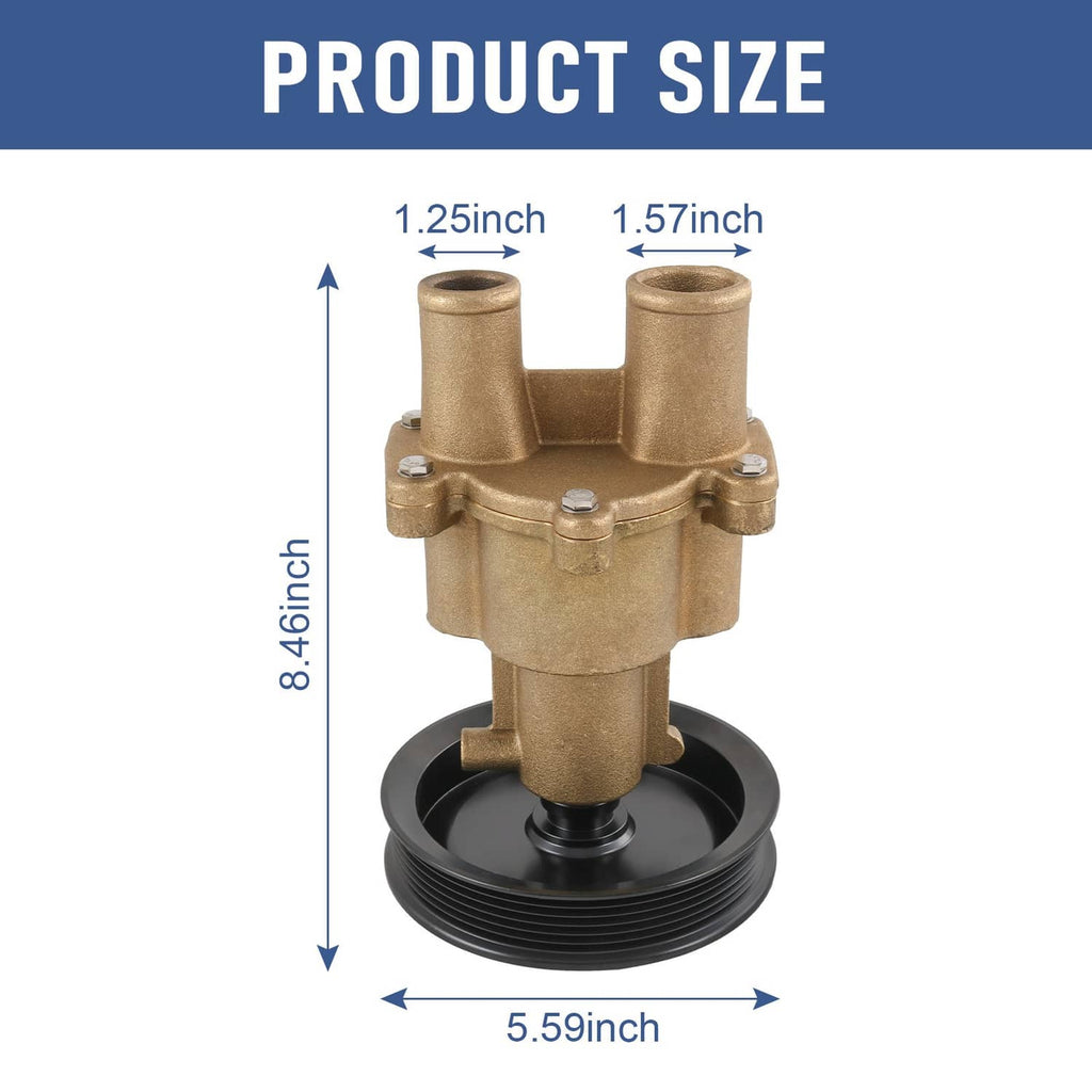 Raw water pump with black pulley and brass housing, size diagram with measurements