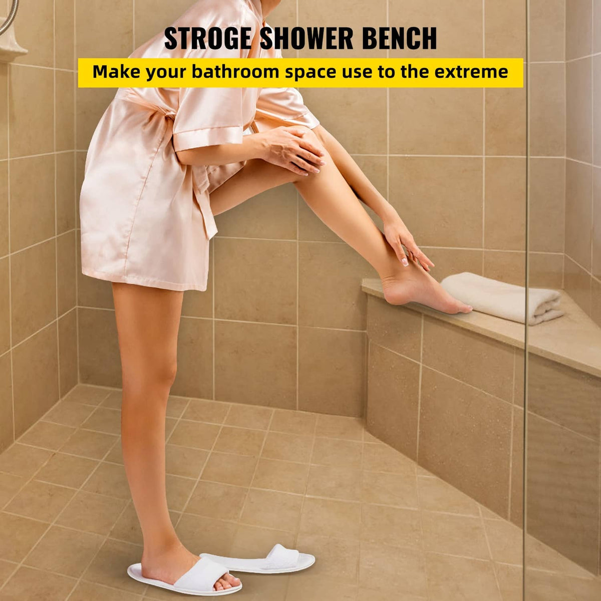 Triangular shower bench in place in a corner, shown with a person seated