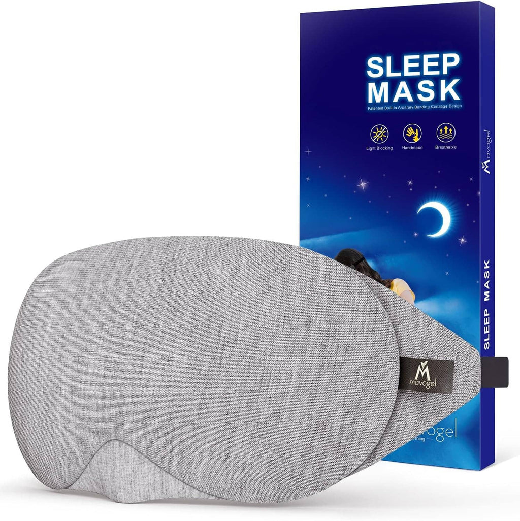 Gray cotton sleep eye mask with contoured shape and dark adjustable strap