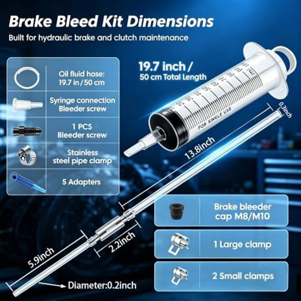Motorcycle brake bleeder kit with 100 mL syringe, hose, adapters, and clamps