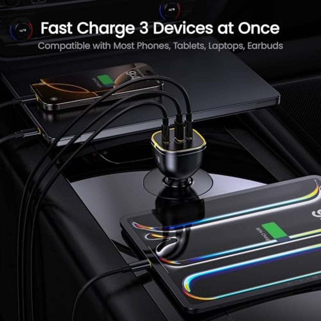 Black car charger adapter with three connected cables and yellow-ring head.