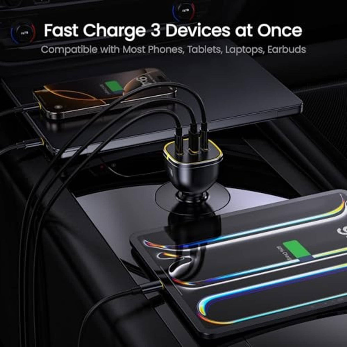 Black car charger adapter with three connected cables and yellow-ring head.