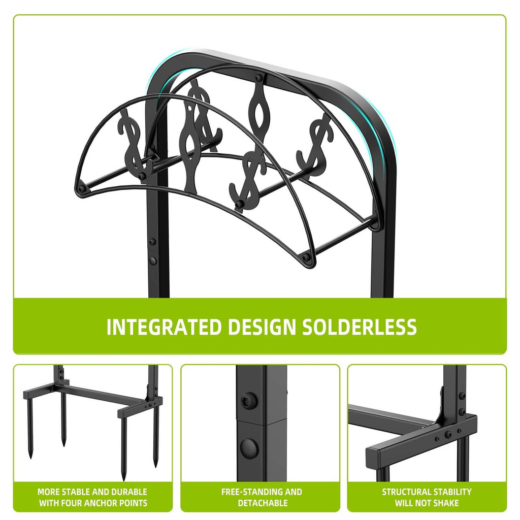 Garden hose stand with black metal frame and curved hose rack, four hanging loops