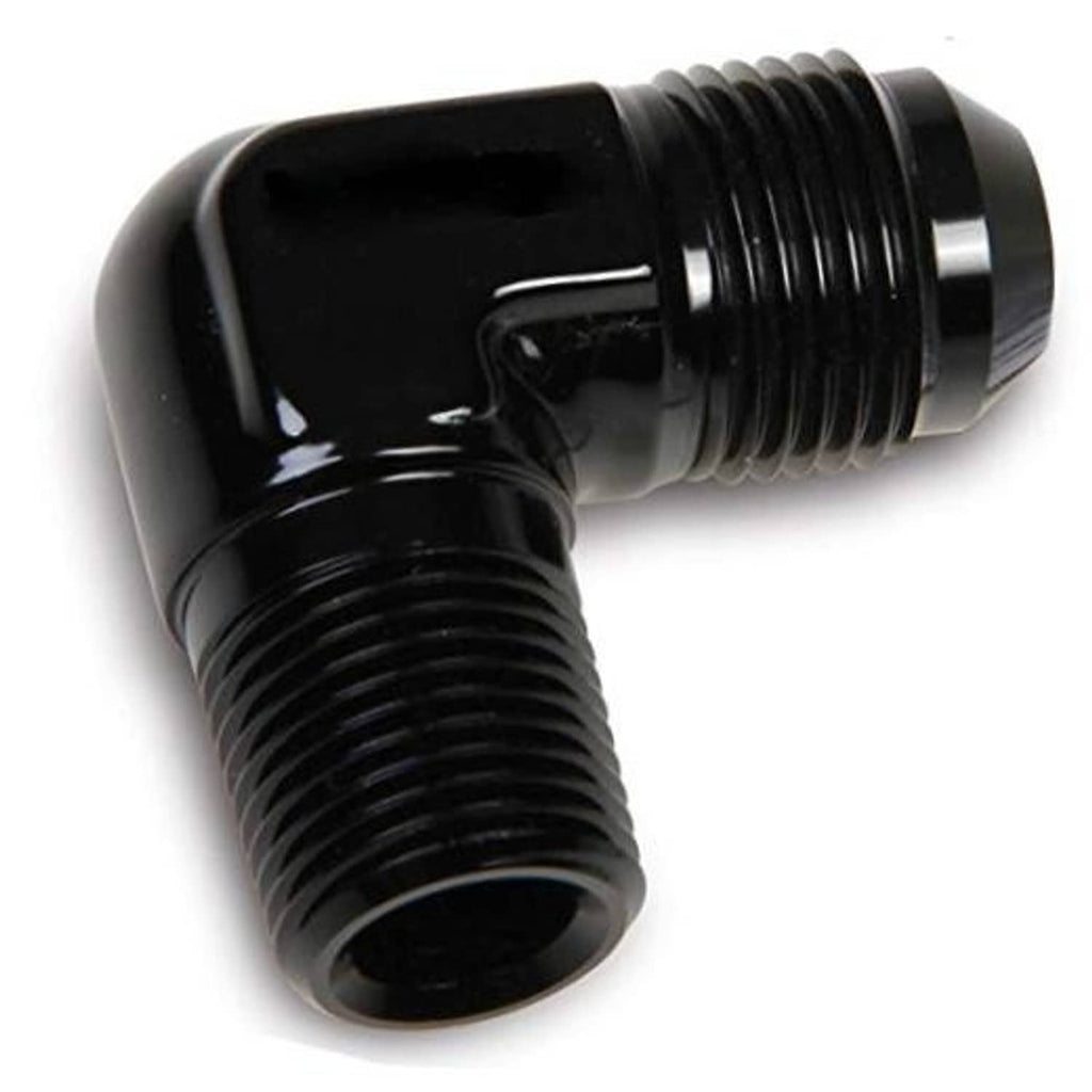 Black 90-degree pipe hose adapter with male threads, elbow and straight ports