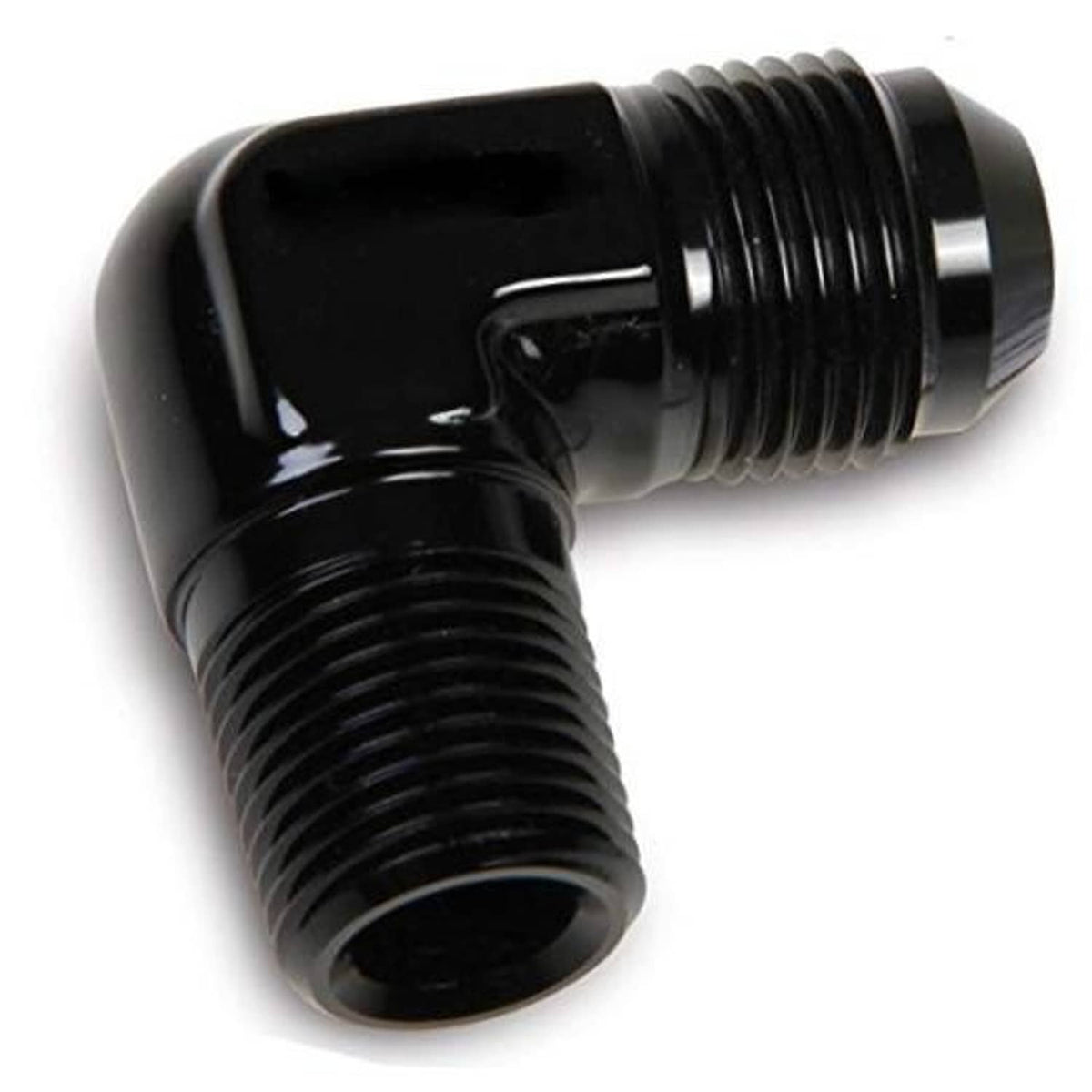 Black 90-degree pipe hose adapter with male threads, elbow and straight ports