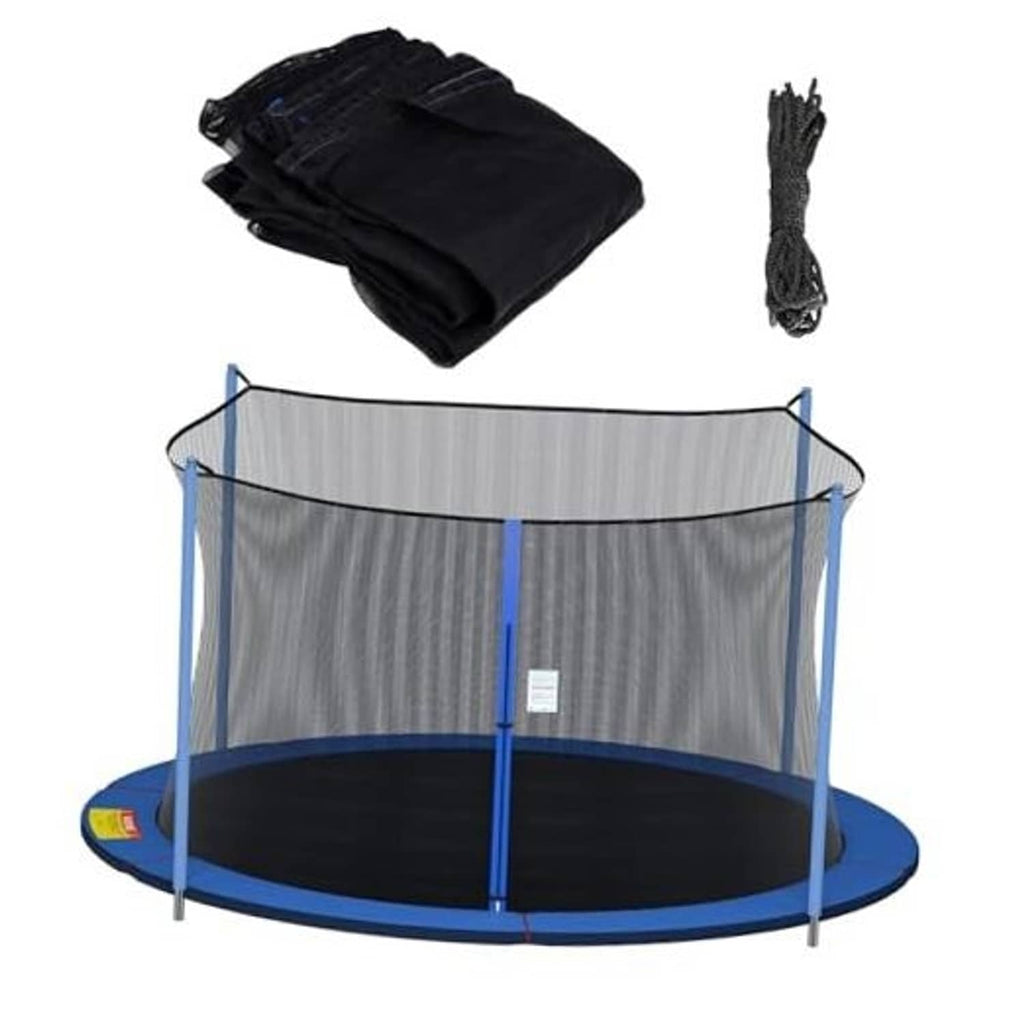 Trampoline replacement safety net with gray mesh panels and black top cover with rope ties