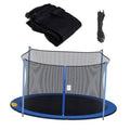 Trampoline replacement safety net with gray mesh panels and black top cover with rope ties