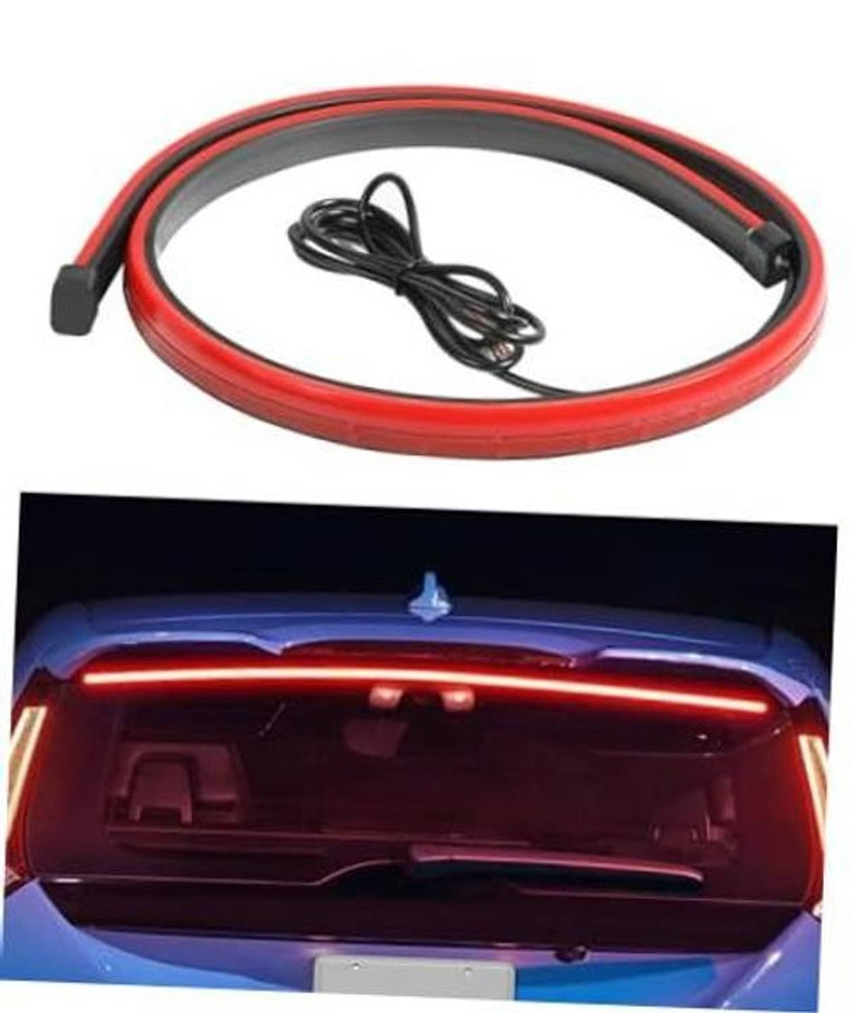 Flexible red LED 3rd brake light strip with black mounting clips and wiring harness