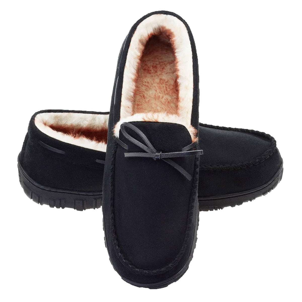 Men's black moccasin slippers with plush fleece lining and suede-like upper
