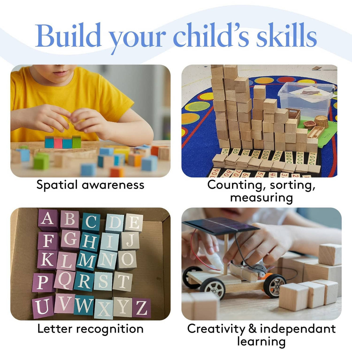 Wooden cube blocks for learning activities, with children playing and building with cubes