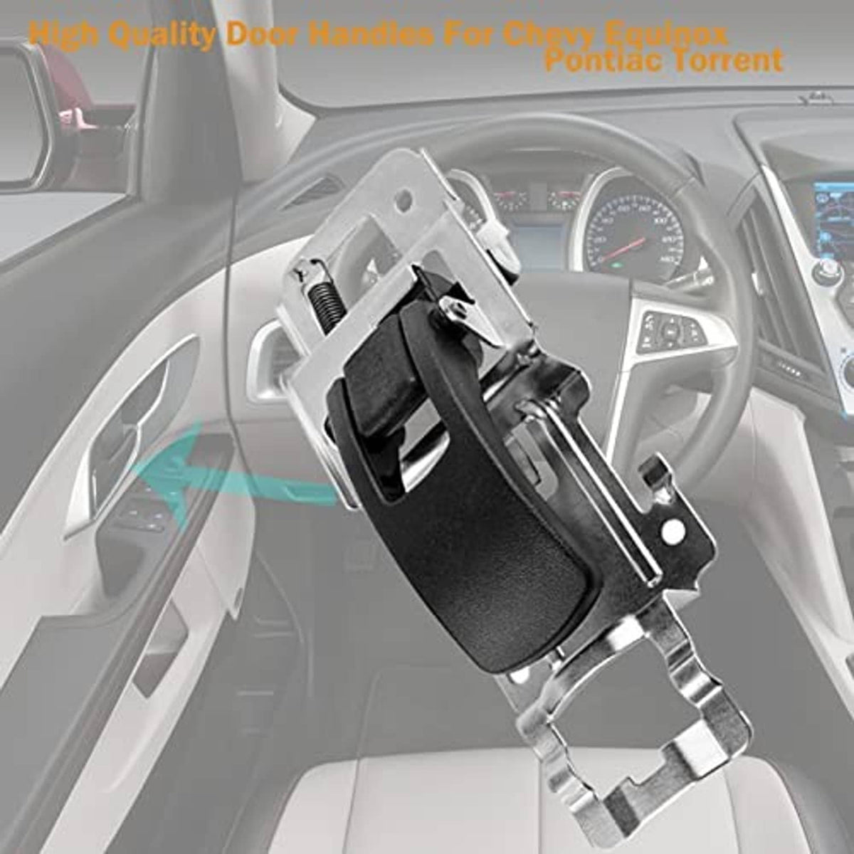 Left interior driver door handle installed with black grip and silver metal hardware