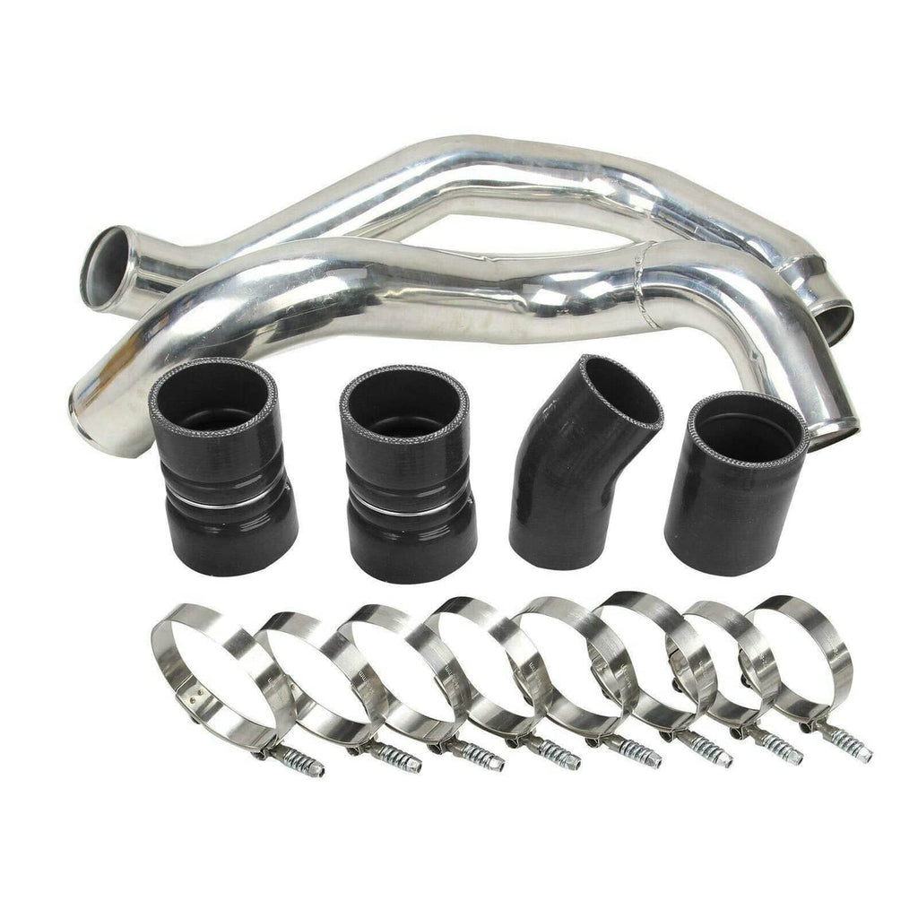 Silver intercooler pipe kit with black couplers, boots, and metal worm clamps