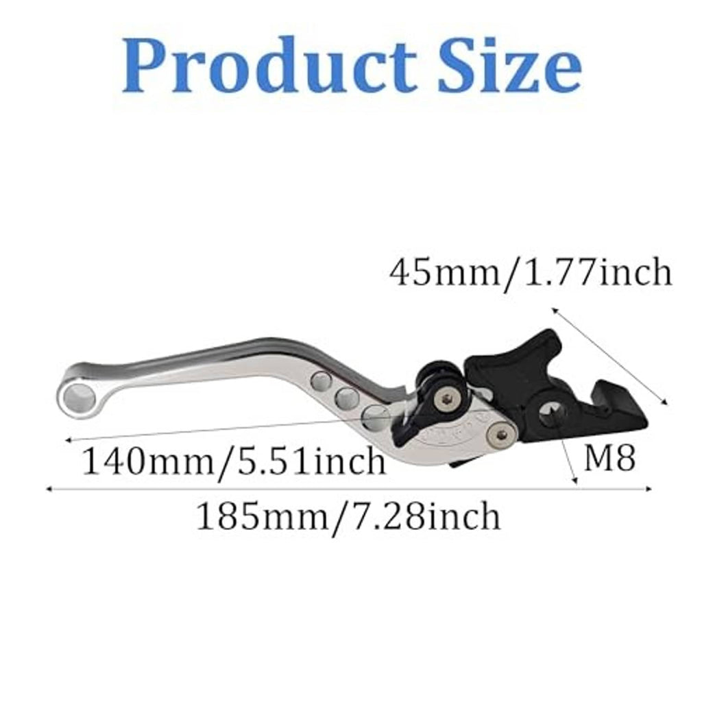 Silver motorcycle brake and clutch lever pair with black pivot mounts and M8 fit