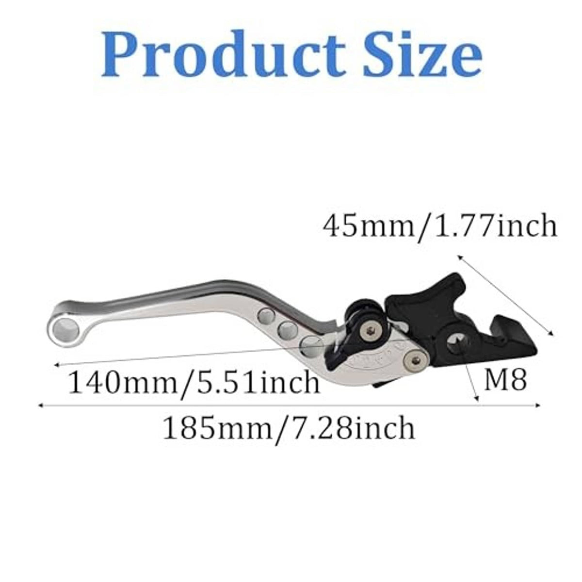 Silver motorcycle brake and clutch lever pair with black pivot mounts and M8 fit