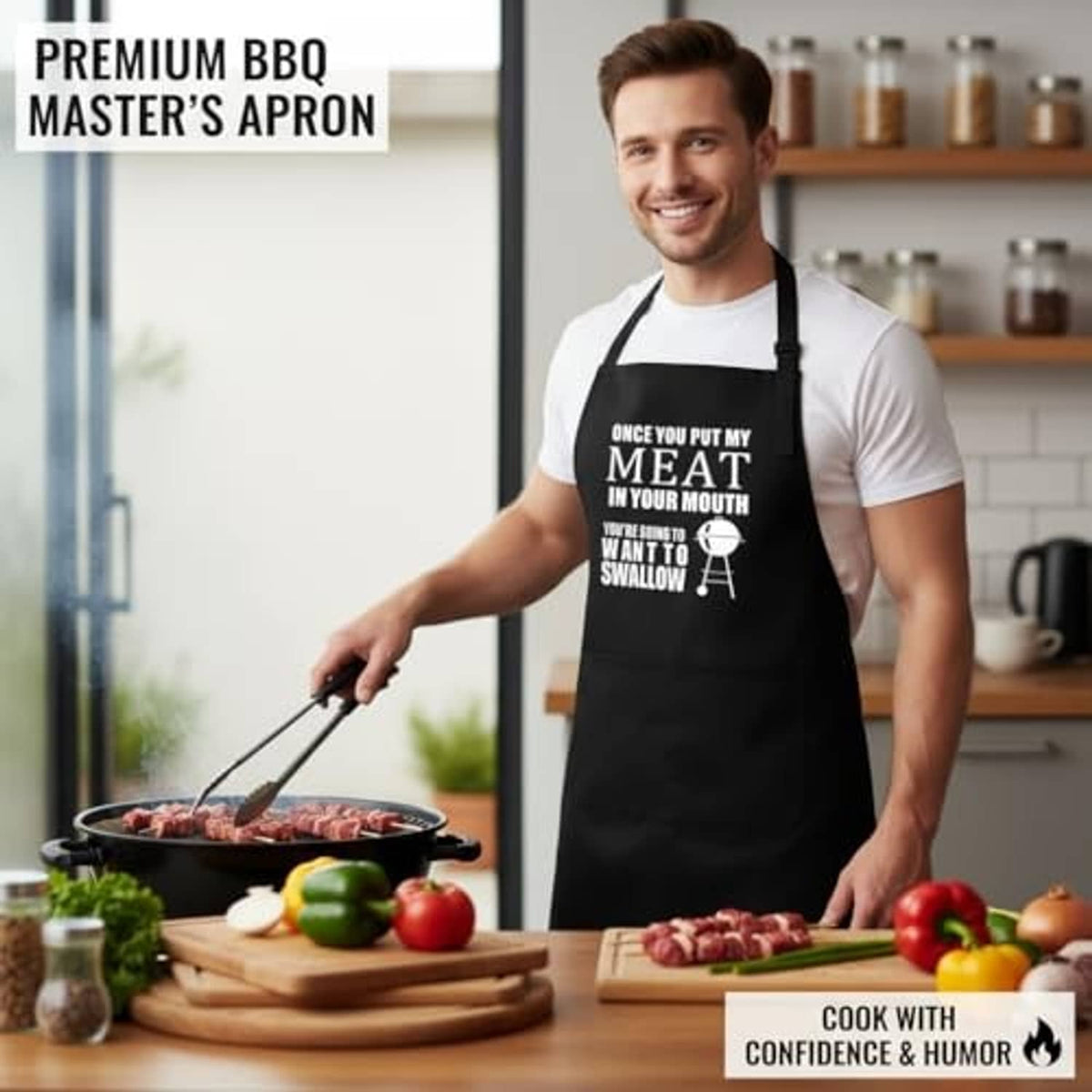 Black grilling apron worn over white shirt, printed meat quote and front pocket