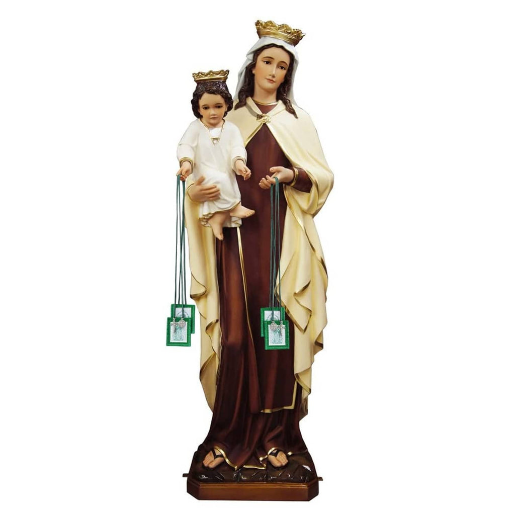 Green scapular hanging from Catholic statue, with white panel and circular medal charm