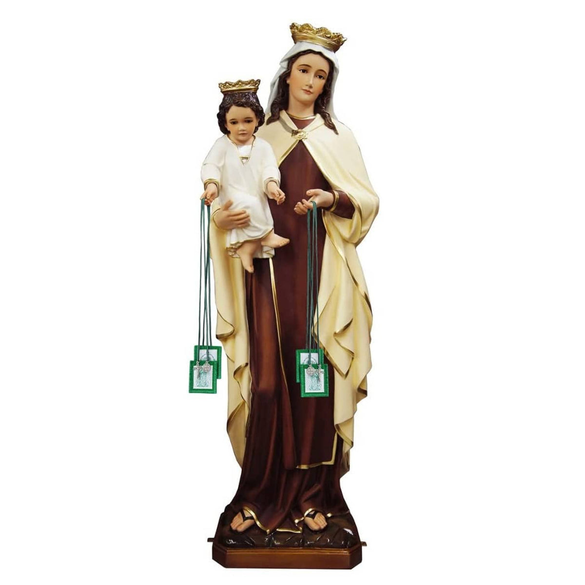 Green scapular hanging from Catholic statue, with white panel and circular medal charm