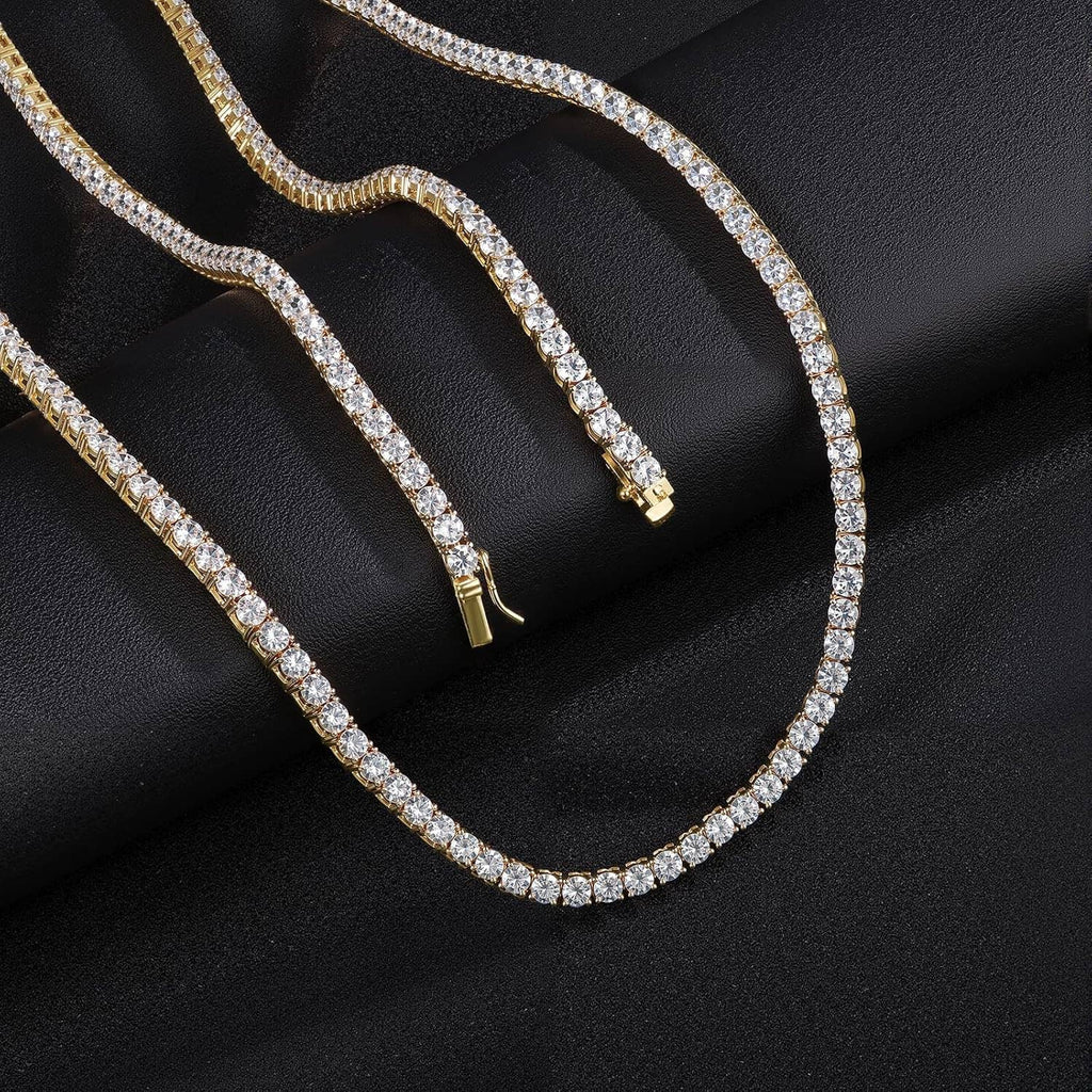 CZ tennis necklace close-up showing round clear stones and gold-tone clasp