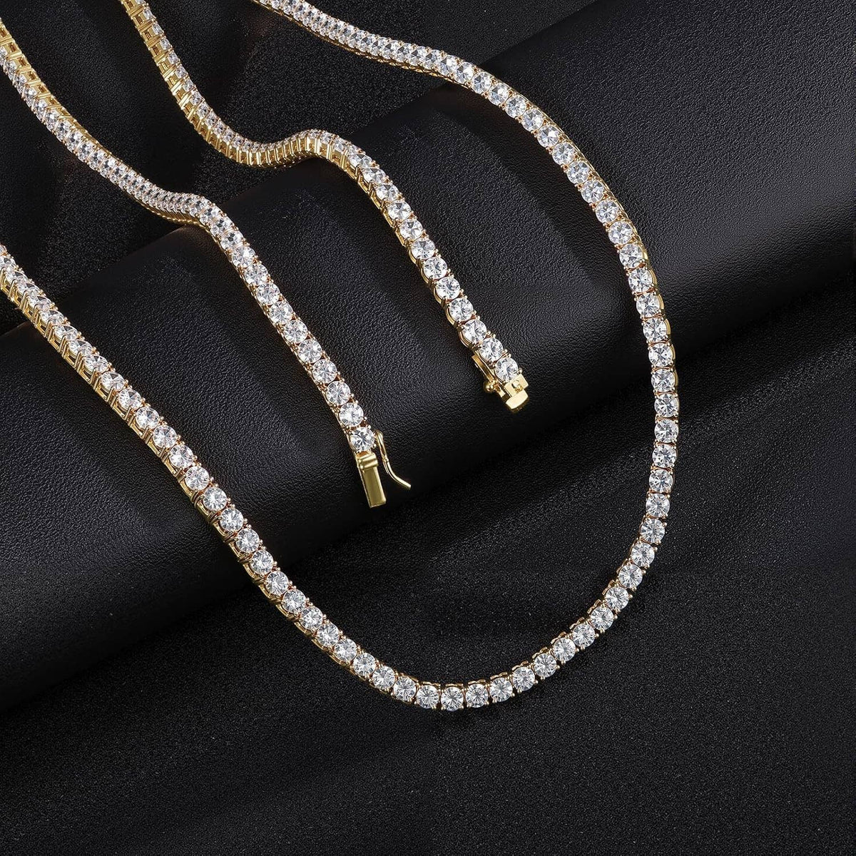 CZ tennis necklace close-up showing round clear stones and gold-tone clasp