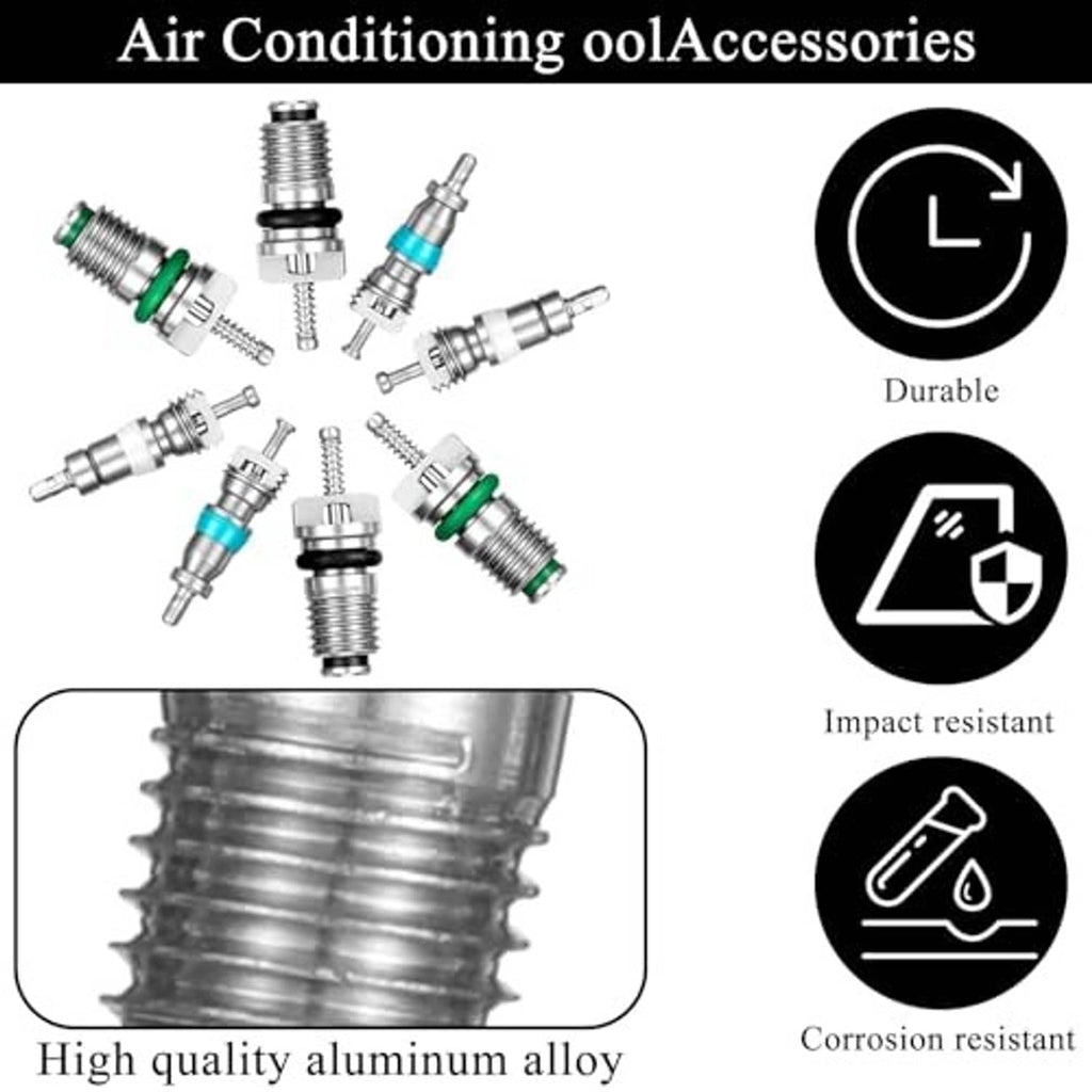 Assorted air conditioning valve cores with green O-rings and metal threads