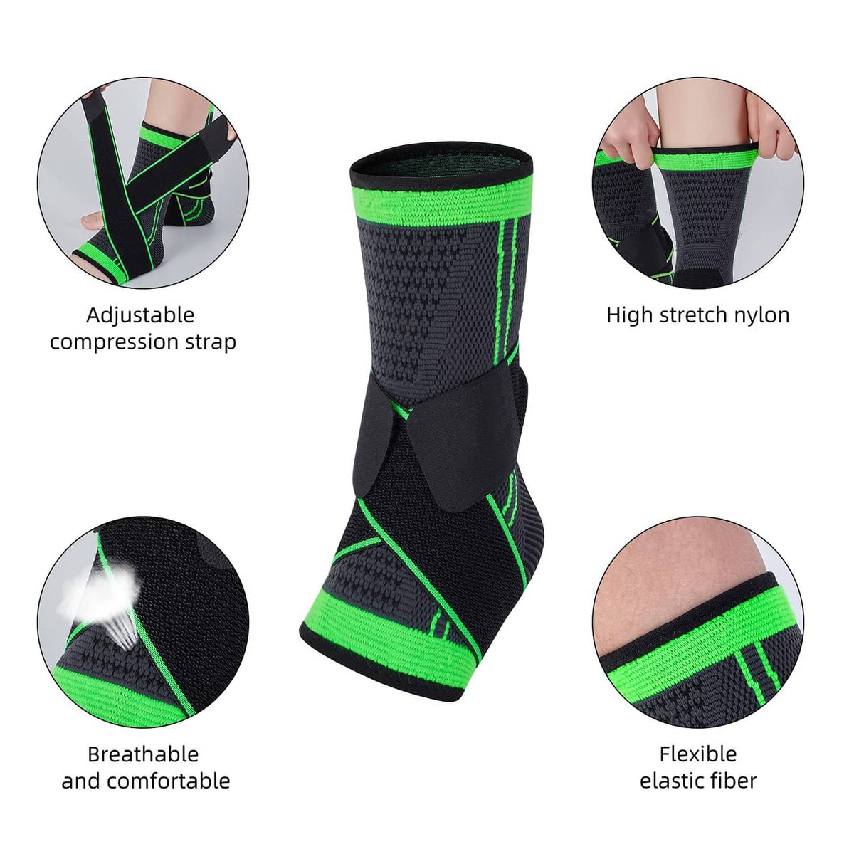 Black ankle sleeve with neon green bands and straps, side view on foot