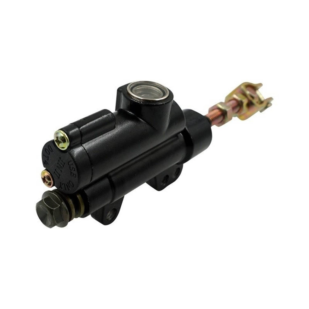 Rear foot brake master cylinder pump close-up, black with reservoir cap and gold terminal