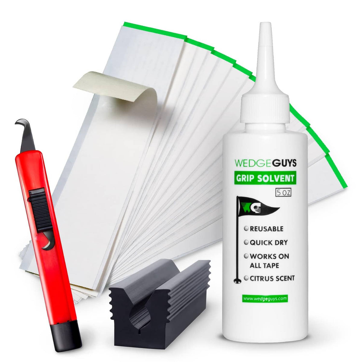 Golf grip tape kit with tape sheets, hook blade, and grip solvent bottle
