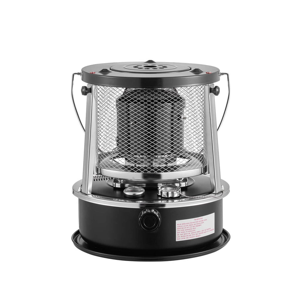 Portable kerosene heater stove with enclosed mesh fire chamber and front burner controls