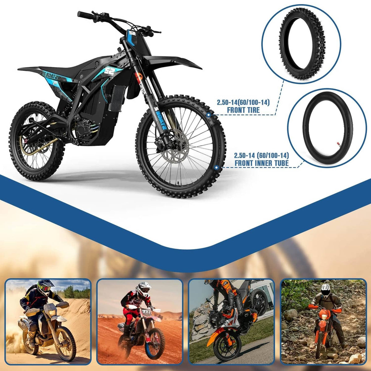 Front tire and inner tube kit for a dirt bike, shown with fitment callouts