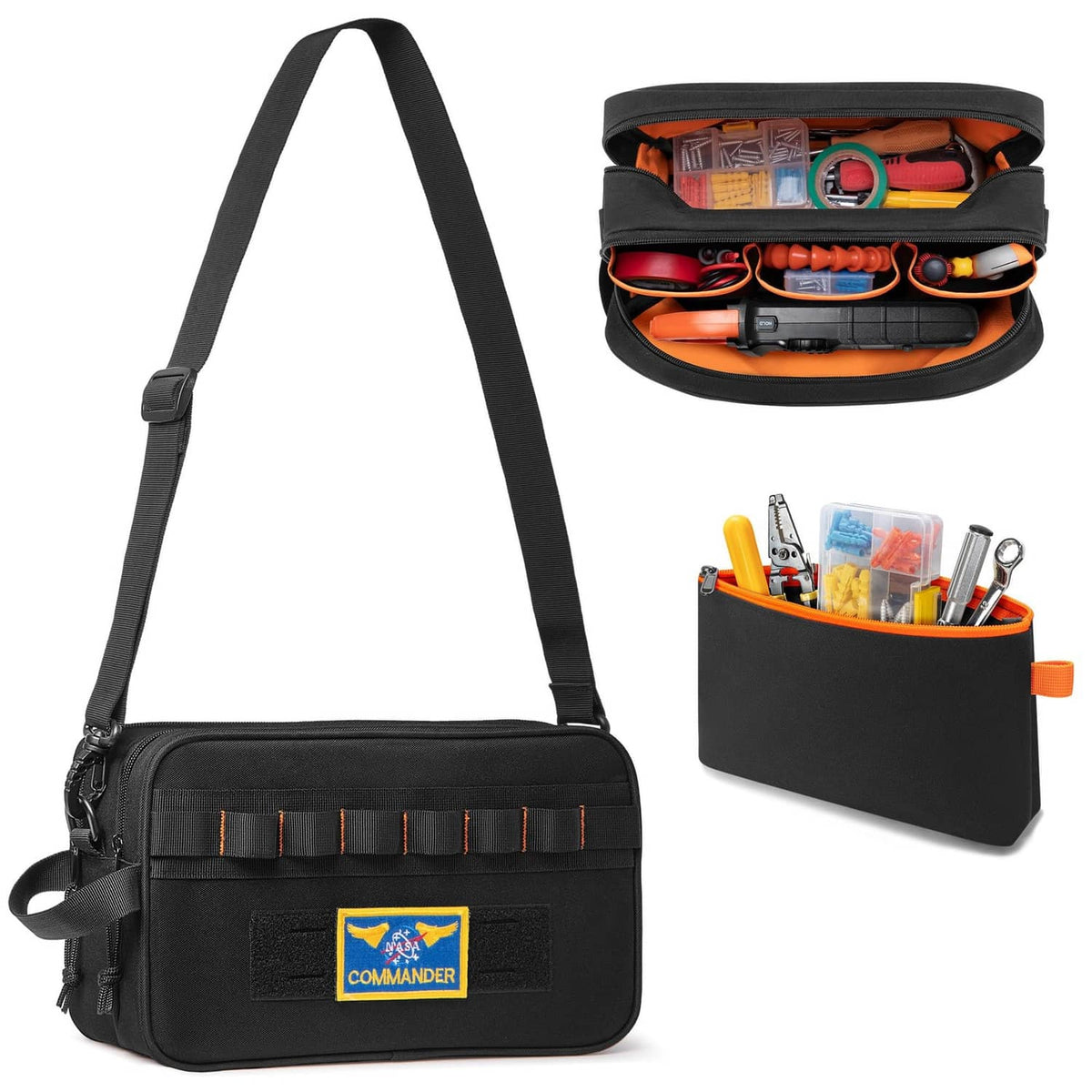 Black tool bag with shoulder strap, front organizer strip and zippered main pouch