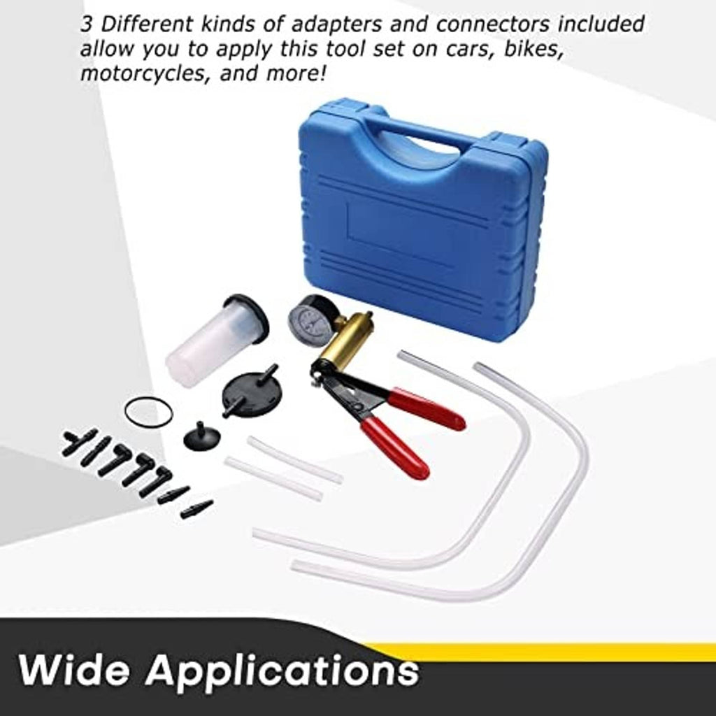 Brake bleeder kit adapters in blue carrying case with hose and suction parts