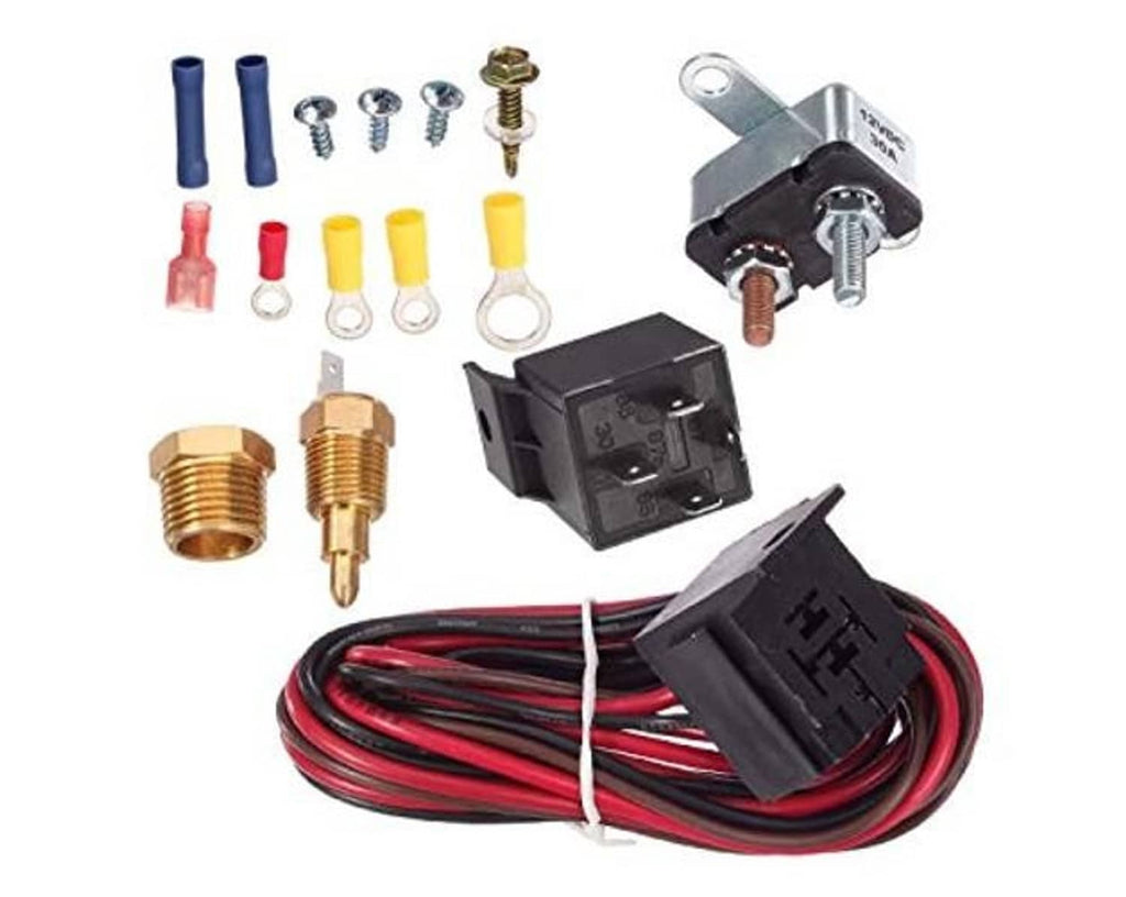 Electric fan relay kit with thermostat switch and bundled red/black wiring harness