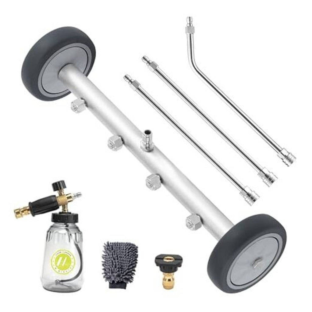 16-inch undercarriage pressure washer attachment with wheel scrubber and multiple extension nozzles