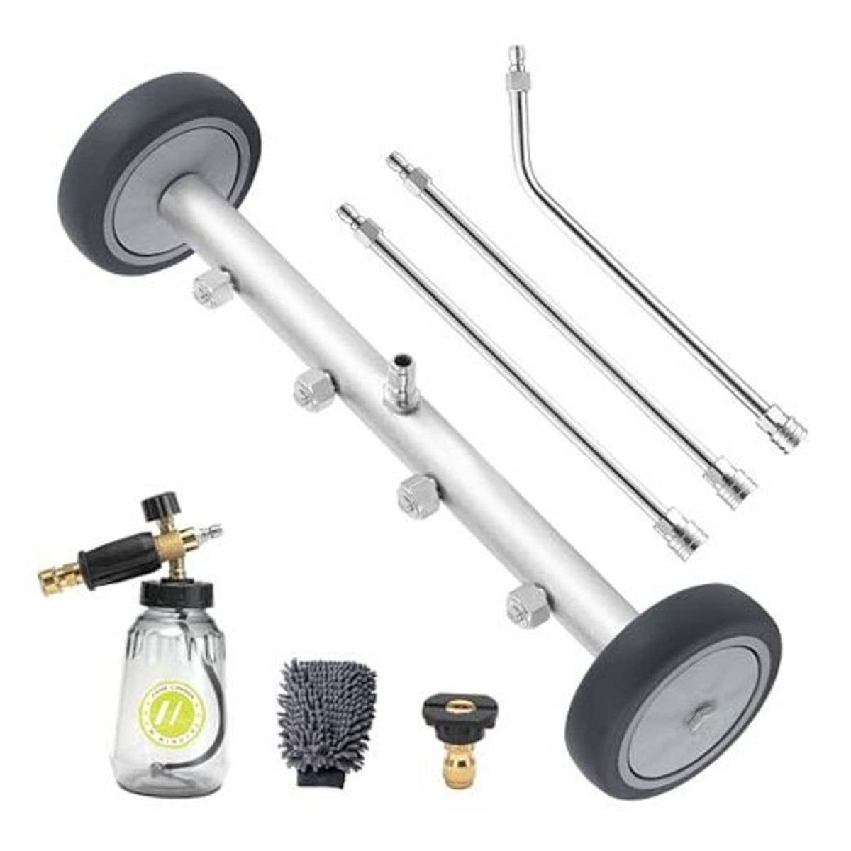 16-inch undercarriage pressure washer attachment with wheel scrubber and multiple extension nozzles